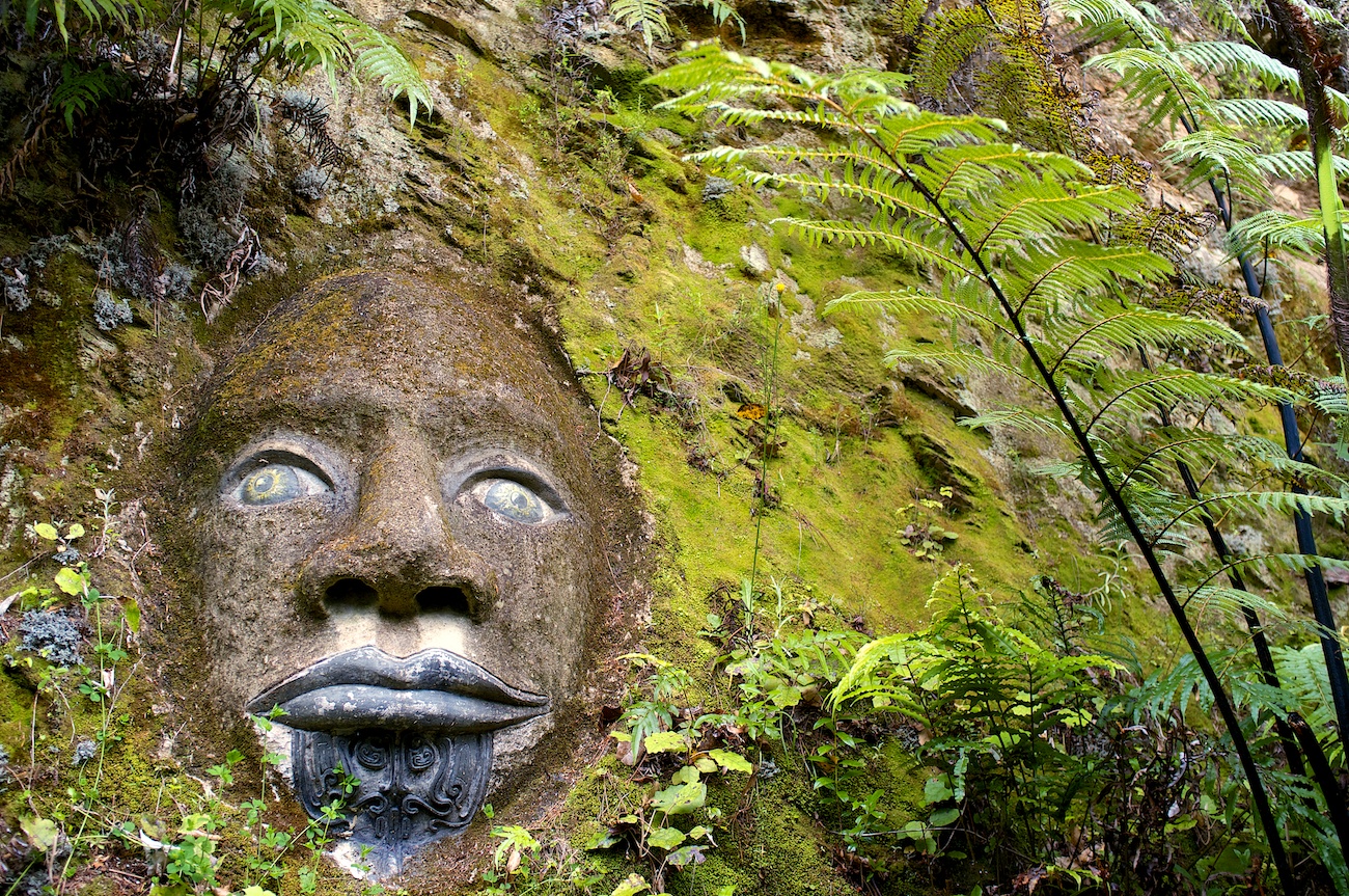 Face carved into a rock face in the hills around the incredible Lochmara Lodge in Marlborough Sound
