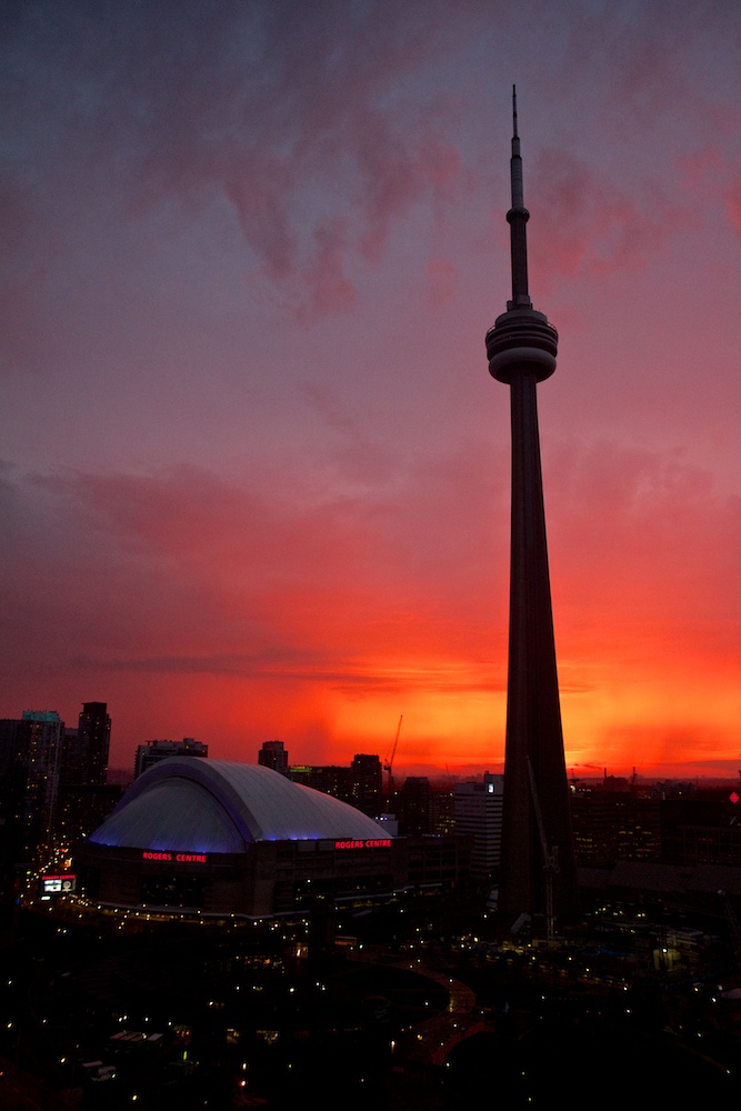 CN Tower and Rogers Centre at sunset