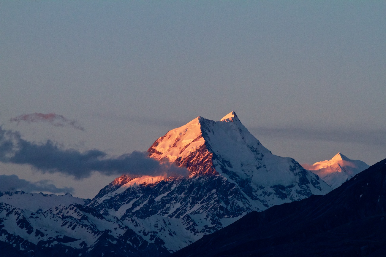 The summit of Aoraki/Mount Cook at sunset